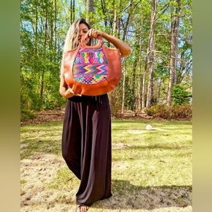 Ethical handmade leather handbag, embroidery design handbag, Huipil handbag